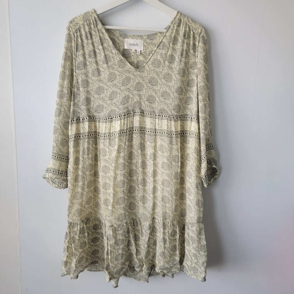 Ba&sh women's Tiered Tunic Mini Dress sz S Pale Yellow Becky Floral Boho V-Neck